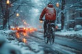 Chilled bike commute Cyclist navigating city streets in winter conditions