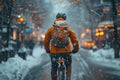 Chilled bike commute Cyclist navigating city streets in winter conditions