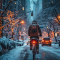 Chilled bike commute Cyclist navigating city streets in winter conditions