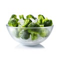 Chilled broccoli in ice in a plate on a white background