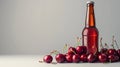 Chilled Cherry Beer Bottle With Cherries On White Minimalist Background, Copy Space. AI Generated