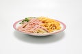 Chilled Chinese noodles on a crockery isolated on a white background.