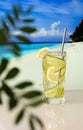 Chilled cocktail with lemon and ice on the background of the beach, blue sea and blue sky Royalty Free Stock Photo