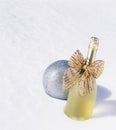 Chilled cold bottle of Champagne sparkling wine and glitter ornament in snow