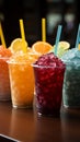 Chilled delight, row of icy fruit slushies, each in a plastic cup