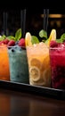 Chilled delight, row of icy fruit slushies, each in a plastic cup
