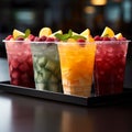 Chilled delight, row of icy fruit slushies, each in a plastic cup