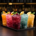 Chilled delight, row of icy fruit slushies, each in a plastic cup