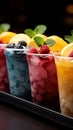 Chilled delight, row of icy fruit slushies, each in a plastic cup