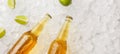 Chilled drink for summer heat. Glass bottles with light beer without labels in ice with pieces of lime