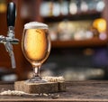 Chilled glass of light beer on the bar counter