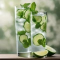 A chilled glass of sparkling water with slices of cucumber and mint leaves3