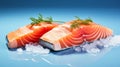 Chilled Gourmet Salmon Cuts with Herbs on Reflective Blue Surface. Generative AI