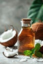 Chilled iced tea in a corked bottle with coconut and mint.