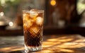 Chilled iced tea in a textured glass, casting a warm glow on a wooden surface in soft light. Cold Brew - summer drinks.