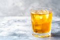 Chilled kombucha tea with ice cubes on light grey background, copy space. Cold kombucha drink in a glass. Iced kombucha beverage,
