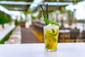 A chilled lime green mojito cocktail