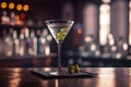 Chilled martini cocktail on a long bar with olives. Generative AI.