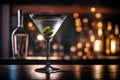 Chilled martini cocktail on a long bar. Generative AI.