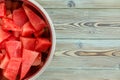 Chilled metal bowl full of diced watermelon