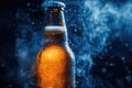 Chilled refreshment: frosty cold beer bottle surrounded by ice, smoke, creating an inviting visual of refreshing drink Royalty Free Stock Photo