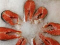 Chilled salmon steaks lie in ice on a store counter. Red fish meat in a seafood supermarket. Royalty Free Stock Photo