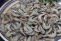 Chilled shrimp in stainless steel tray, sold at fresh market