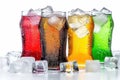 Glasses of colorful sodas with effervescent bubbles, nestled in crushed ice, showcasing a refreshing array of fizzy beverages.