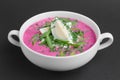 Cold beetroot soup with egg and sour cream Royalty Free Stock Photo