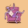 ALIEN LISTENS TO MUSIC SITTING IN A CHAIR COLOR Royalty Free Stock Photo