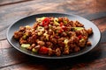 Chilli beef mince, ready to eat in black plate. Royalty Free Stock Photo