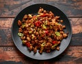 Chilli beef mince, ready to eat in black plate. Royalty Free Stock Photo