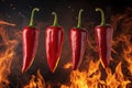 Chilli Burning Peppers Red Hot Backdrop Four Vertical Arranged Chili Peppers Against Flame Background Royalty Free Stock Photo