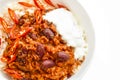 Chilli con carne with rice in a white bowl. Royalty Free Stock Photo