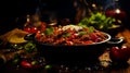 Chilli con carne soup on a dark background. Mexican food. Healthy food concept