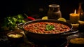 Chilli con carne soup on a dark background. Mexican food. Healthy food concept