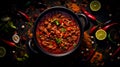 Chilli con carne soup on a dark background top view. Mexican food. Healthy food concept
