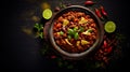 Chilli con carne soup on a dark background top view. Mexican food. Healthy food concept