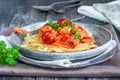 Chilli crab and cherry tomato linguine Royalty Free Stock Photo