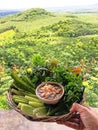 Chilli Dip with Vegetables in a basket