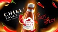 Chilli hot sauce product ads and chili peppers in fire shape with burning fire effect on black background, 3d illustration