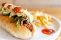 Chilli Hotdog with Frech Fries Royalty Free Stock Photo