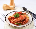 Chilli Mud Crab, Crab with Singaporean Sauce, Special Singapore Cuisine. Served on WHite Plate