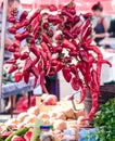 Chilli pepper and Eggplant in framers Market stall for sale.