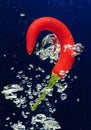 Chilli pepper falling in water with air bubbles Royalty Free Stock Photo