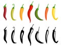 Chilli pepper. Hot red, green and yellow chili peppers. Isolated mexican spices, vector paprika icon signs. Chilli