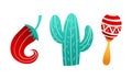 Chilli Pepper, Maraca Rattle and Prickly Cactus as Mexican Symbol Vector Set Royalty Free Stock Photo