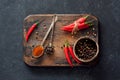 Chilli peppers and assorted dry peppers Royalty Free Stock Photo