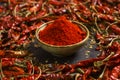 Chilli powder with red chili background Royalty Free Stock Photo