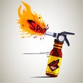Chilli sauce as extinguisher with high flame fire. spicy sauce concept - vector